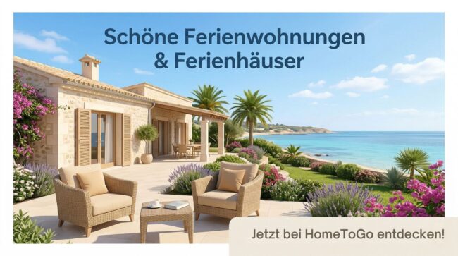 Hier findest du Inspiration und direkte Links zu schönen Ferienwohnungen und Ferienhäusern von HomeToGo – günstig, flexibel und mit eigener Küche. Perfekt für alle, die entspannt und selbstversorgt Urlaub machen möchten, statt teure Hotels mit festen Zeiten. Ob Ostsee, Spanien, Italien, Kroatien oder die Alpen – klicke einfach auf das Banner oder die Links und entdecke passende Unterkünfte in deinem Tempo.